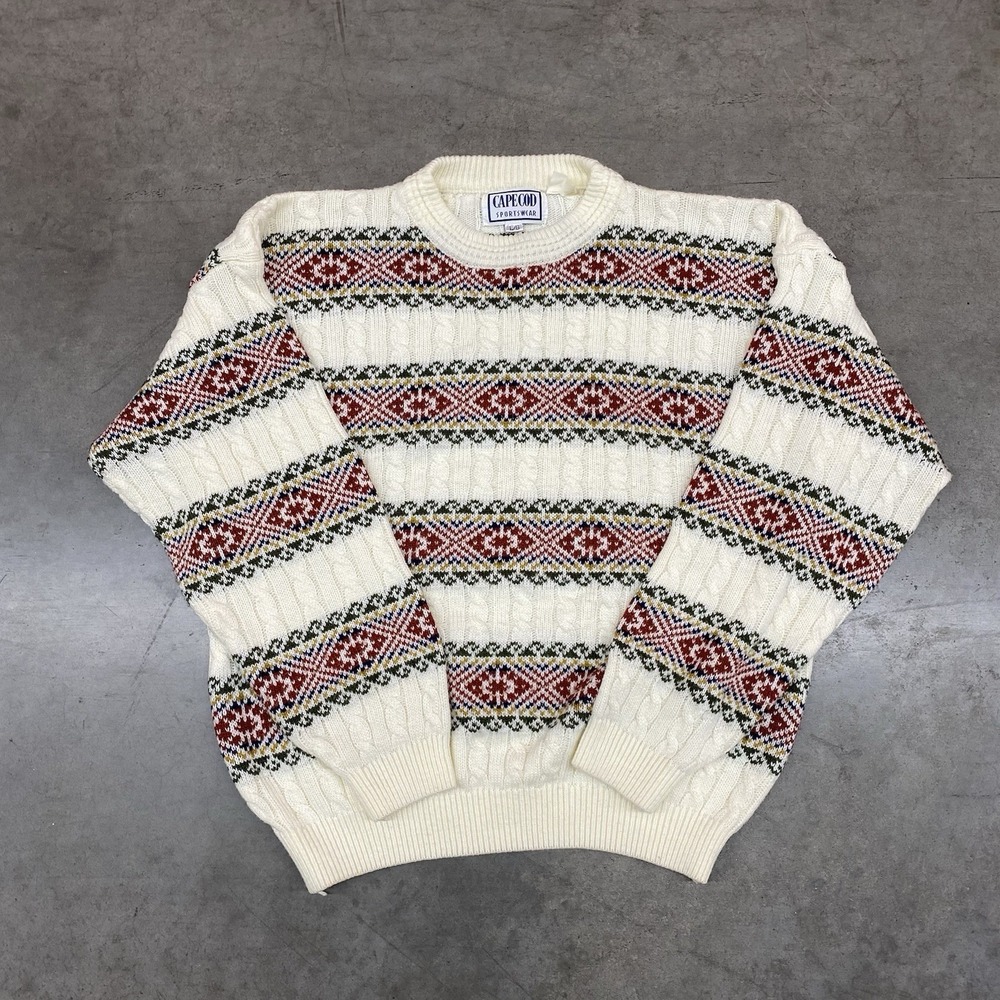 Vintage Cape Cod Fair Isle Cable Knit Sweater Cream Large